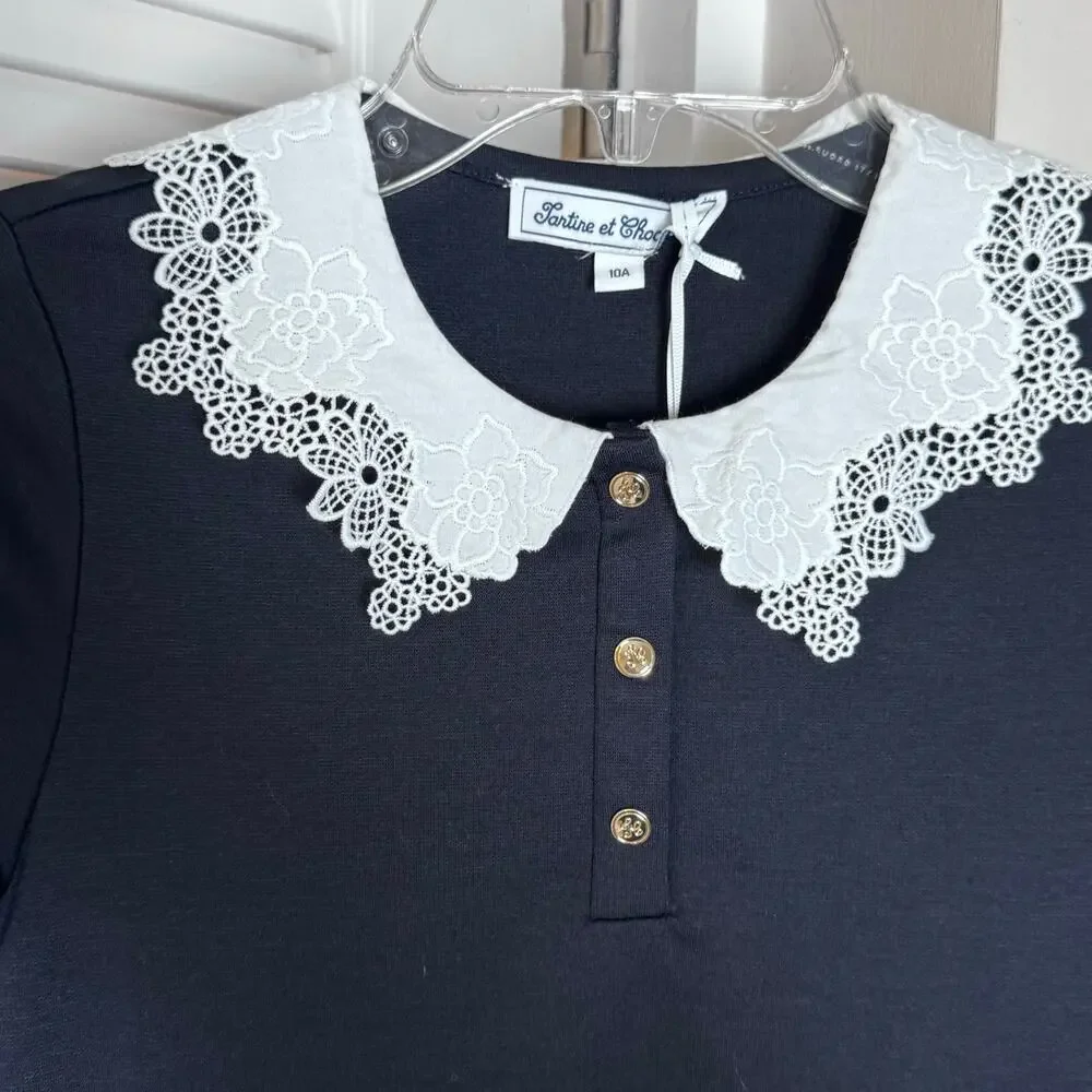Tartine et Chocolat Girls Navy Blue Lace Collar Dress Size Y10 NWT Jersey dress